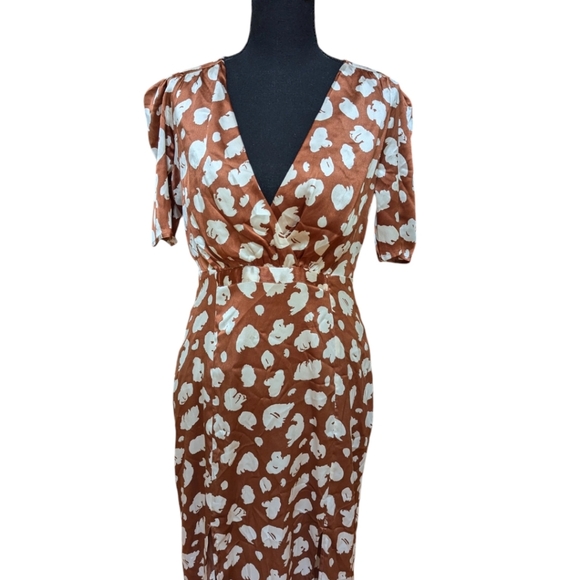 French Connection Aimee Abstract Print Midi Dress Brown Patina Cream sz 6 - Picture 8 of 12